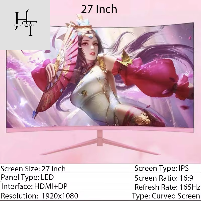 24Inch 27Inch Curved Monitor 1K 165Hz 1800R Pink Gaming Display HDR10 Desktop Screen 1Ms GTG with Free Gift for Girls